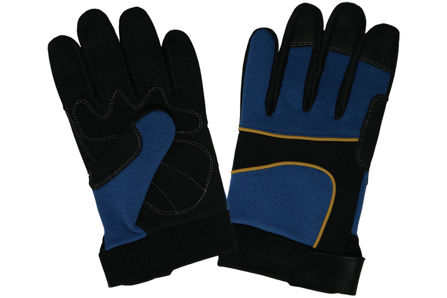 Synthetic Leather Mechanic Gloves. Dyed Fabric On Back With Velcro Opening. Special Padding On Palm.