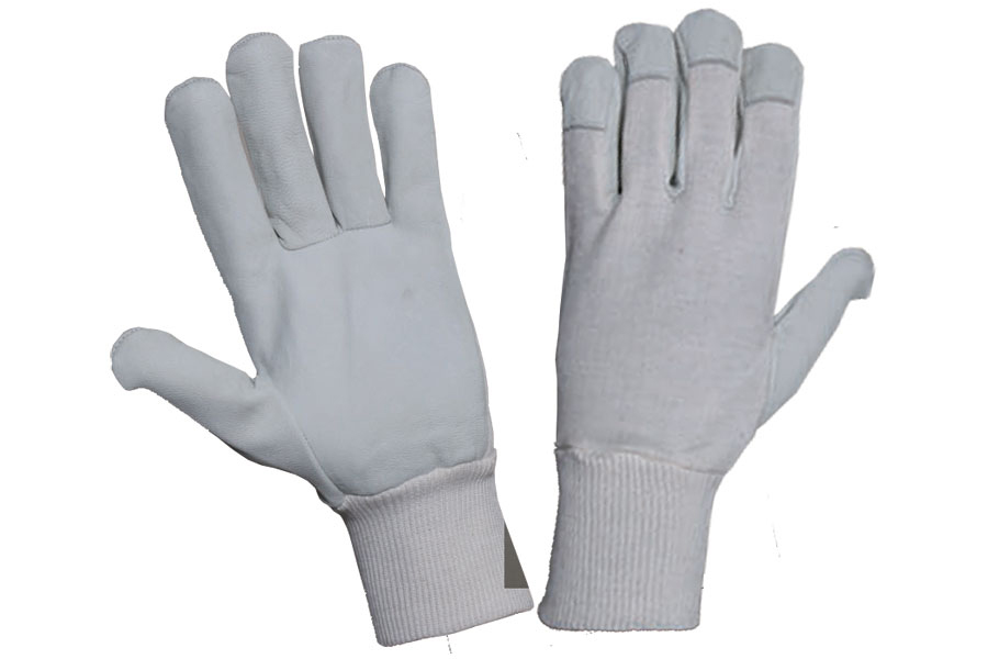 Goat Skin Leather Gloves With Cotton Back & Knitted Wrist.